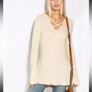 Free People Bohemian Bell Sleeve Tunic Top Sz L Relaxed Lagenlook Beach Hippie